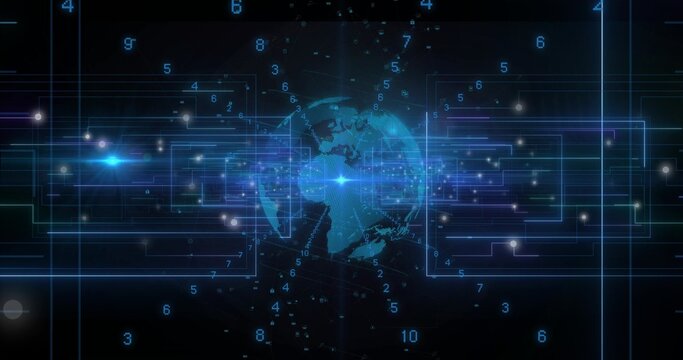 Naklejki Pulsating wireframe Earth globe rotating within cyberspace, featuring neon circuitry, digits, nodes