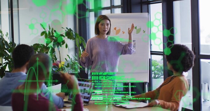 Presenting female wearing sweater gesturing by flip chart in office with laptops, holographic code