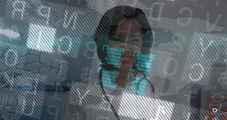 Standing analyst wearing lab coat analyzing holographic interface in data lab, with code panels