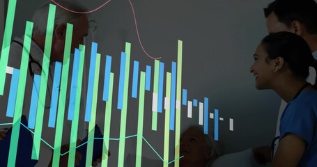 Healthcare team conducting consultation at hospital bed, with stethoscope tablet data overlay