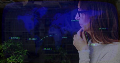 Analyzing woman wearing sweater, eyeglasses in lab with world map, data arcs, plant, copy space