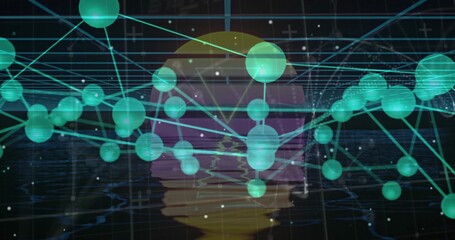 Network of green spheres floating, linking via cyan lines in digital grid, with gradient orb