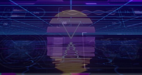 Fototapeta premium Glowing neon sun reflecting on glitchy water in futuristic space, with neon grid and UI elements