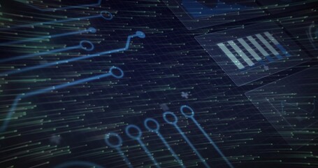 Displaying glowing circuit pathways and nodes over grid lines, binary streaks and bar-chart overlay