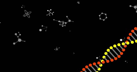 Displaying DNA helix winding upward on black canvas, with scattered molecular icons, copy space