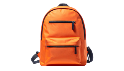 Bright orange backpack with black zipper details isolated on a black background