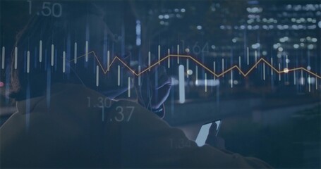 Trader in dark jacket checking smartphone near riverside plaza, candlestick and line graph overlays