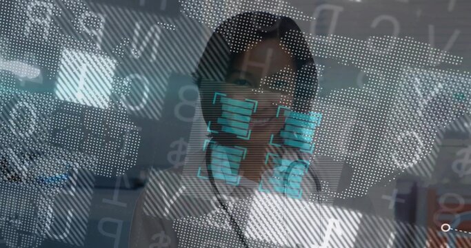 Standing analyst wearing lab coat analyzing holographic interface in data lab, with code panels - Powered by Adobe