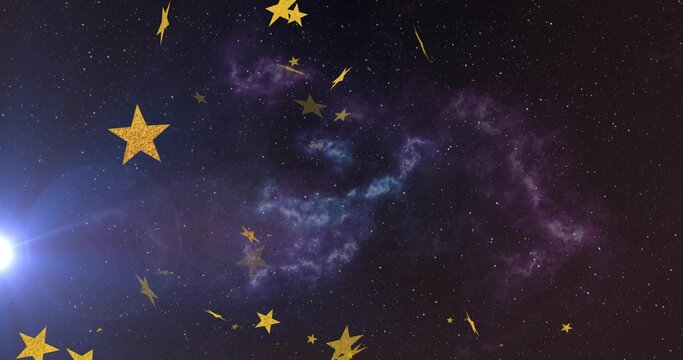 Naklejki Swirling purple-blue nebula in space with golden stars, lightning accents, flare, white star points