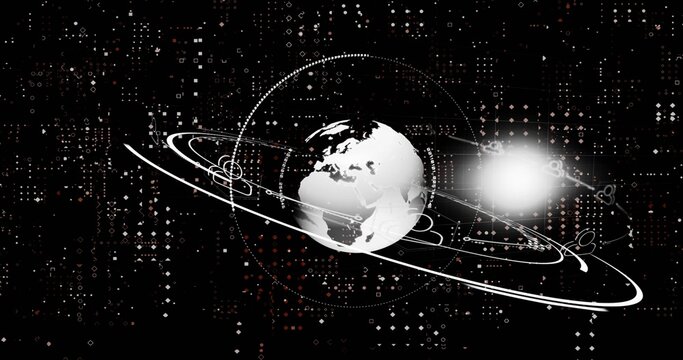 Showing white globe in dark grid, with orbital rings, dotted lines, bright flare and UI elements