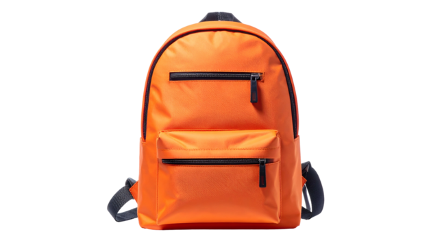 Bright orange backpack with black zipper details isolated on a black background