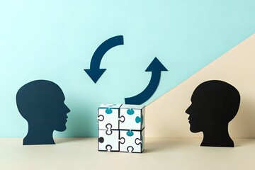Concept of communication and idea exchange between two people represented by silhouettes
