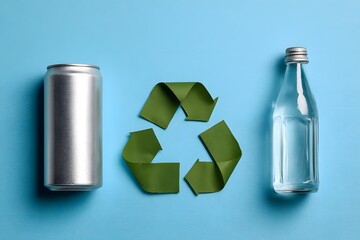 Recycle can and bottle with green symbol show waste reuse.
