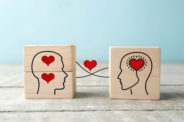 Two wooden blocks with head profiles and hearts connecting them symbolizing empathy