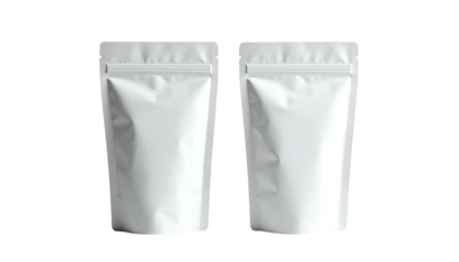 Two identical white, stand-up pouches with zipper closures against a black background