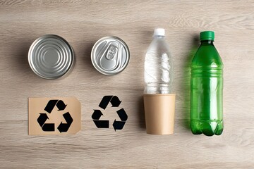 Recycle symbols show cans and plastic bottles ready for reuse.
