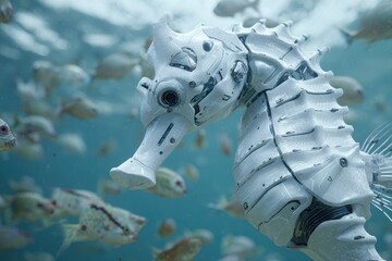 A stunning image of a robotic seahorse swimming gracefully in the ocean, surrounded by fish. The seahorse appears to be made of intricate metal components, giving it a unique futuristic aesthetic.