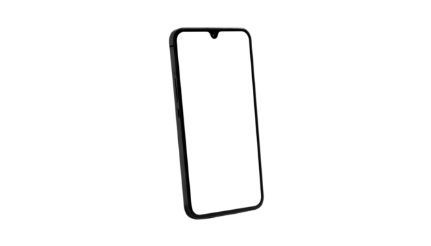A sleek, modern smartphone with a blank screen, slightly angled against a stark black backdrop