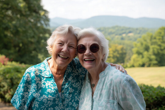 senior american woman share joyful embrace outdoors