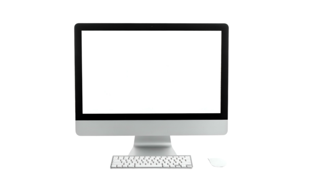 Front-facing desktop computer with a blank screen, keyboard, and mouse on a black background