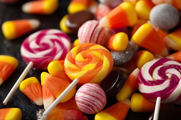 Halloween candies pile with corn and swirls.