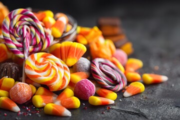 A pile of colorful Halloween candy including swirls and corn shapes sits on a dark surface.