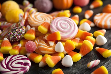 Halloween candy pile with sweet treats and colorful lollipops.