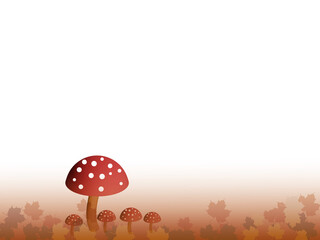 Autumn leaves and toadstools on white background