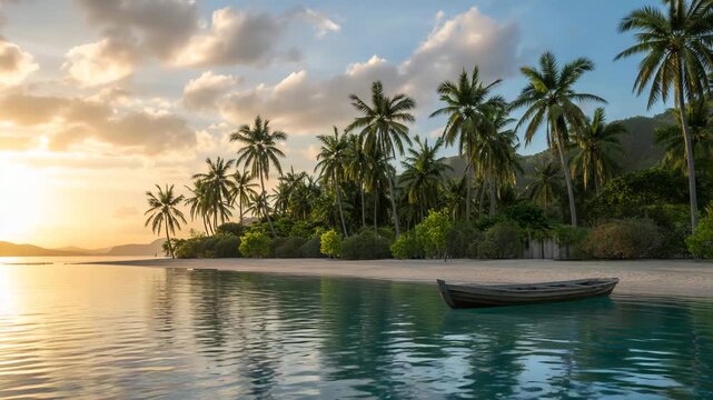 Golden tropical beach sunset with calm turquoise ocean, palm trees swaying in warm breeze, golden sunlight reflection, cinematic tropical paradise view, relaxing nature travel background in 4K HDR