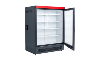 Commercial cooler with red top and open glass door revealing white shelves; empty interior
