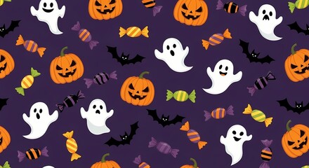 Halloween Seamless Pattern Set: Pumpkins, Ghosts, Candy, and Bats: A Concept of Festive Holiday Background Design