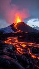 A vibrant volcanic eruption with flowing lava under a darkening sky