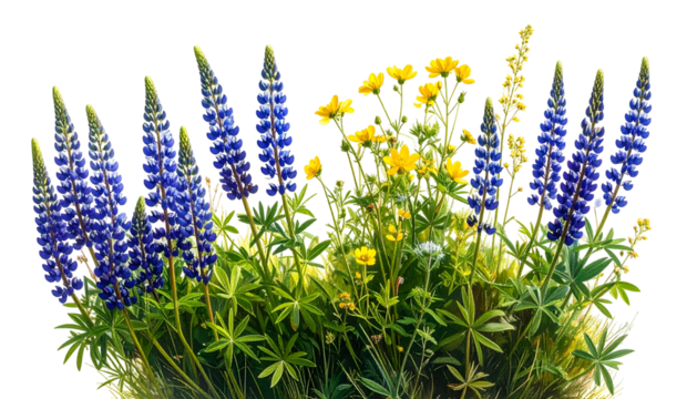 A cluster of vibrant blue lupines and yellow wildflowers against a dark backdrop