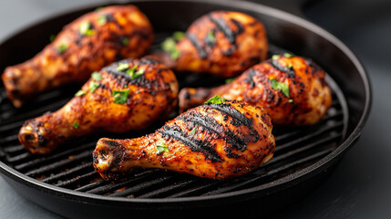  Grilled chicken drumsticks on a barbecue grill seasoned with spices. Close-up food photography, outdoor cooking concept, smoky flavor, summer barbecue, appetizing roasted meat.