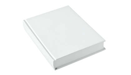 A white, rectangular book with a blank cover, angled slightly against a black background