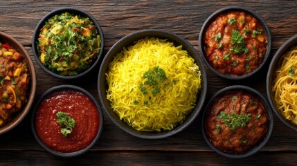 A vibrant selection of Indian rice dishes and vegetables is beautifully arranged on a wooden table. Rich colors and aromas invite everyone to enjoy this delicious culinary experience