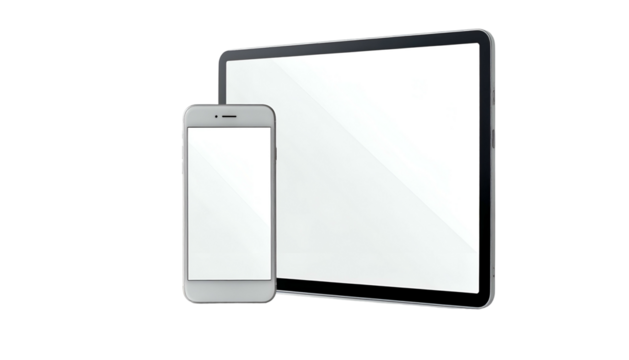 A smartphone rests beside a tablet, both displaying blank white screens