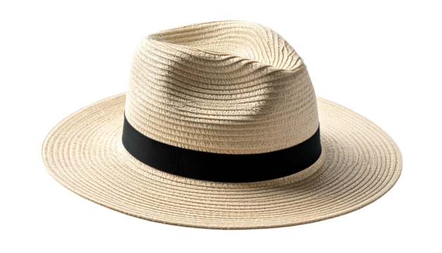 A light-colored woven hat with a black band, angled on a transparent background - Powered by Adobe