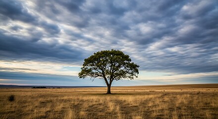 Lone Tree on Expansive Plain Under Dramatic Sky: A Serene Landscape of Grassland with a Solitary Tree against a Cloudy Horizon