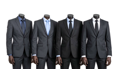 Four mannequin suits in various dark colors, each with a dress shirt and tie