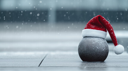 Snow-covered stone wearing a Santa hat on winter pavement. Festive holiday concept, cold season atmosphere, Christmas humor, minimal outdoor scene with winter mood.