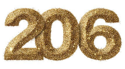 Golden glittery number 206 isolated on a white background, sparkling texture.