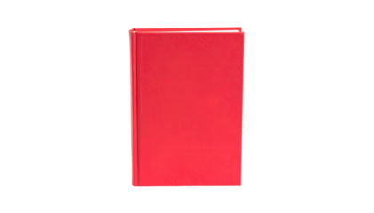 Single, vertical, bright red book with glossy cover, set against stark black background