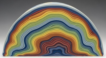 Vibrant Rainbow Layered Ceramic Sculpture with Wavy Stripes in Arc Shape for Artistic and