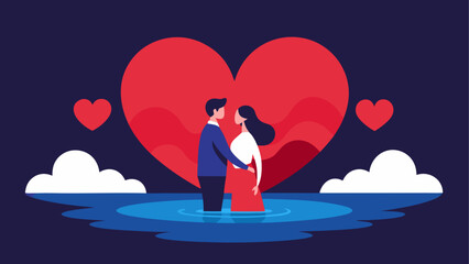 Couple embracing in water with heart shape on transparent background silhouette
