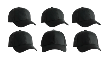 Six black baseball caps in various perspectives against a black background