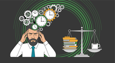 A man experiencing stress and depression, overwhelmed by work deadlines and responsibilities, struggles to balance tasks and maintain mental well-being in a challenging work environment.