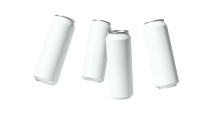 Four blank, white aluminum beverage cans hover against a black background