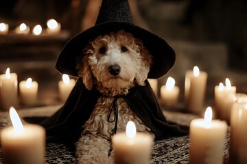 A dog wearing a hat and cape sits among many lit candles for Halloween.