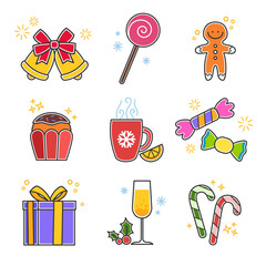 Christmas icon set. Bells, candy, biscuit, cup, present, champagne. A collection of high-quality holiday pictograms in a modern flat style. Vector illustration isolated on white background